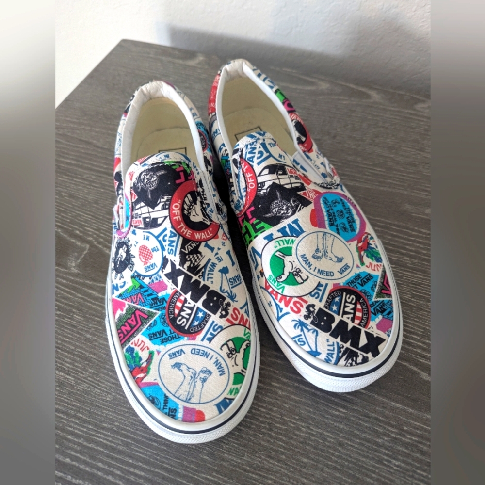 Vans Graphic Slip-On Sneakers - Red, Blue, Black